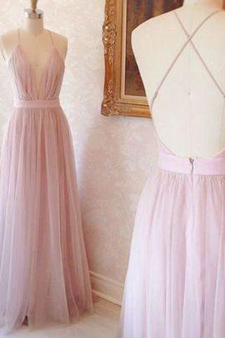 A Line V-Neck Pink Criss Cross Long Prom Dress