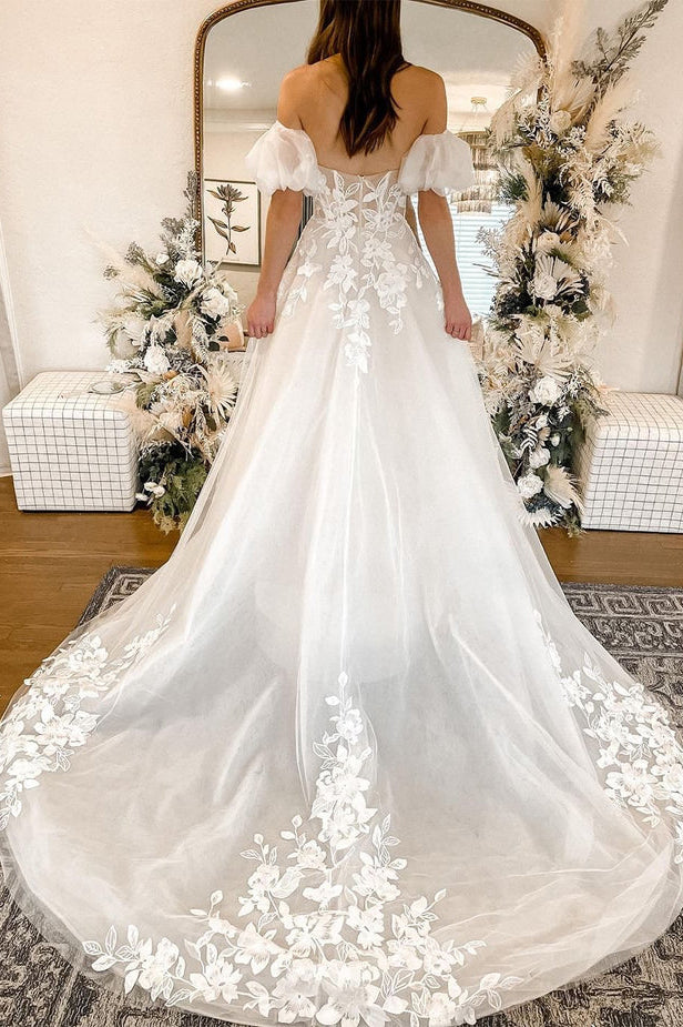 A-line Sweetheart Lace Appliques Wedding Dress with Detachable Sleeves N056