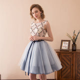 Cute Embroidery Flowers Tulle Knee Length Homecoming Dress With Belt WH14619