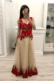 A line Tulle Red Lace Appliques V Neck Prom Dresses with Tulle, Long Evening Dresses PW727