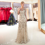 A Line 3/4 Sleeve Beading Sweep Train Prom Dress Party Dress WH96683