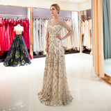A Line 3/4 Sleeve Beading Sweep Train Prom Dress Party Dress WH96683