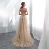 A Line Strapless Appliques Tulle Sweep Train Prom Dress WH22655