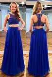 Two Piece Jewel Sleeveless Royal Blue Beaded Prom Dress
