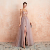 A Line Spaghetti Straps V-Neck Sleeveless Beading Split Tulle Sweep Train Prom Dress WH46359