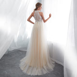 A Line Lace Halter Sleeveless Court Train Wedding Dress With Flowers WH24656