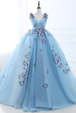 Cute Ball Gown V-Neck Sleeveless Appliques Tulle Court Train Prom Dresses WH26406