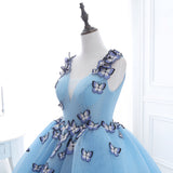 Cute Ball Gown V-Neck Sleeveless Appliques Tulle Court Train Prom Dresses WH26406