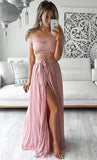 Two Piece Lace Top Short Sleeves Off the Shoulder High Slit Sexy Evening Dress