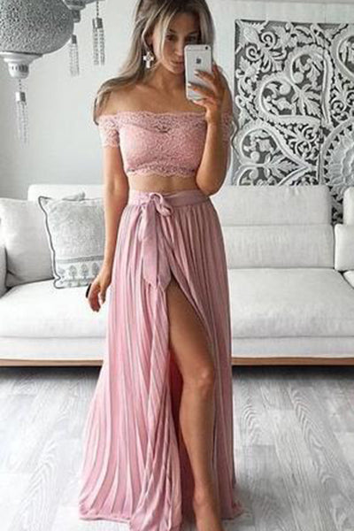 Two Piece Lace Top Short Sleeves Off the Shoulder High Slit Sexy Evening Dress