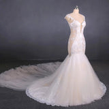 Charming Mermaid Tulle V-Neck Wedding Dress Sheer Back Long Bridal Dress W1150