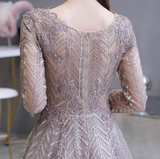 A Line V-Neck Long Sleeve Embroidery Beading Floor Length Tulle Prom Dress WH69448