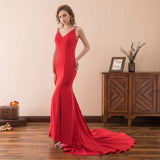 Gorgeous Mermaid V-Neck Spaghetti Straps Red Satin Prom Dress WH26620