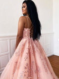 Pretty A Line Sleeveless Appliques Pink Tulle Long Prom Dress Formal Gown