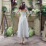 Chic A Line Strapless Appliques Lace Tea Length Prom Dresses WH28268
