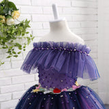 Princess Off The Shoulder Appliques Pearls Tulle Flower Girl Dresses With Pearls Lovely Little Girl Dresses WH20806