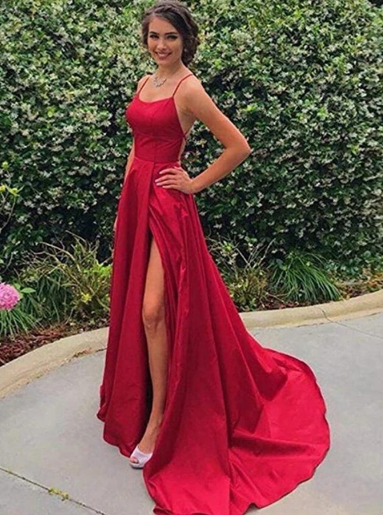 A Line Spaghetti Straps Prom Dresses With High Split PD1115