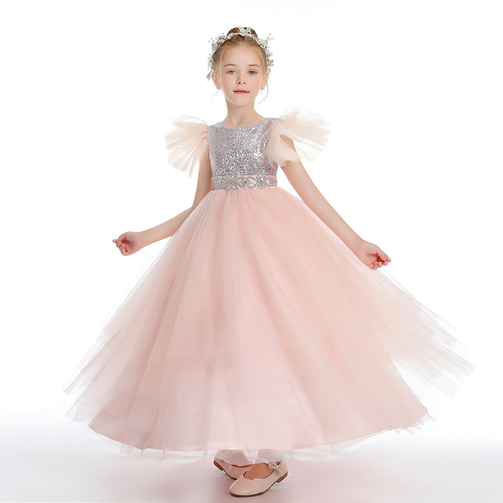 Ruffles Silver Sequins Pink Tulle Flower Girl Dresses With Beading