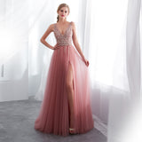 Unique A Line V-Neck Beading Sleeveless Split Prom Dress Sequins Party Dress WH30651