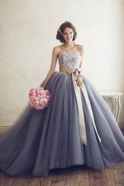 Elegant Gray Tulle Organz Lace A Line Ball Gown Wedding Dress