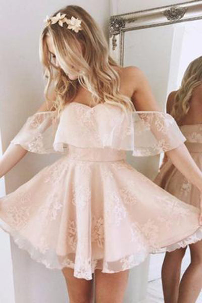 A-Line Off-the-Shoulder Short Pearl Pink Lace Homecoming Dress,HG79