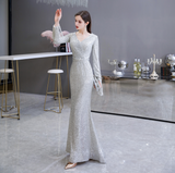 Mermaid V-Neck Long Sleeves Tassels Sequins Floor Length Prom Dress WH24441