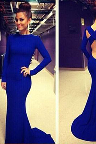 Tight Open Back Royal Blue Long Sleeves Backless Prom Gown
