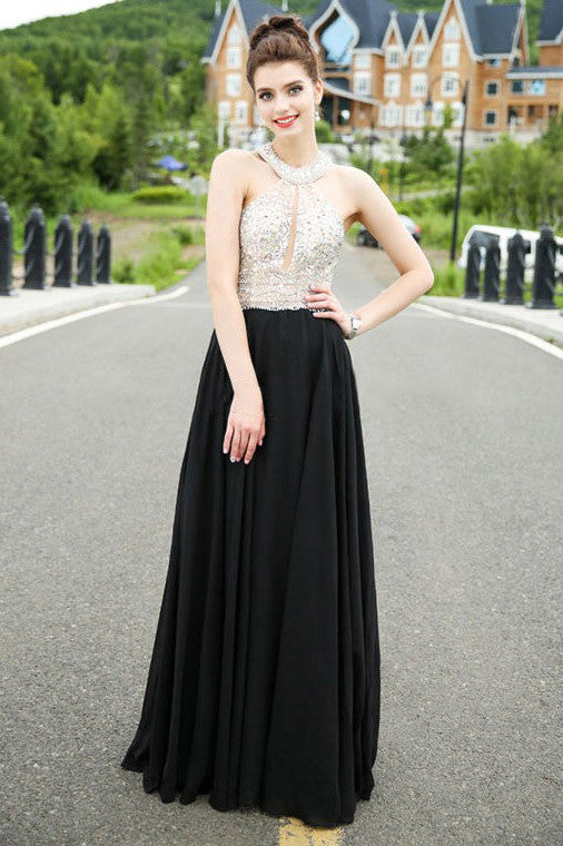 Classy A-line Scoop Chiffon Tulle Crystal Detailing Black Open Back Prom Dresses uk PM525