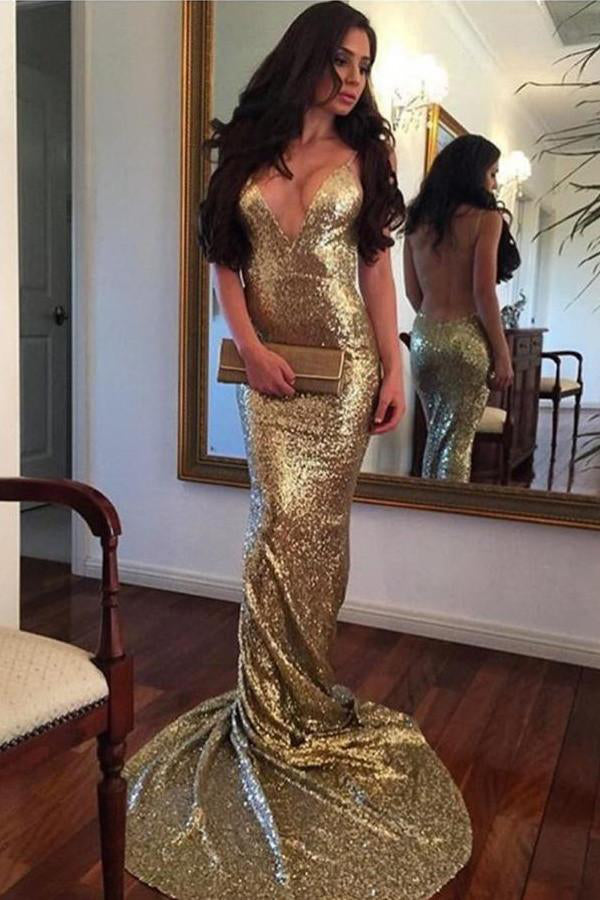 Sequin Mermaid Long Gold Sexy Deep V-Neck Spaghetti Strap Backless Sparkly Prom Dresses uk PM371