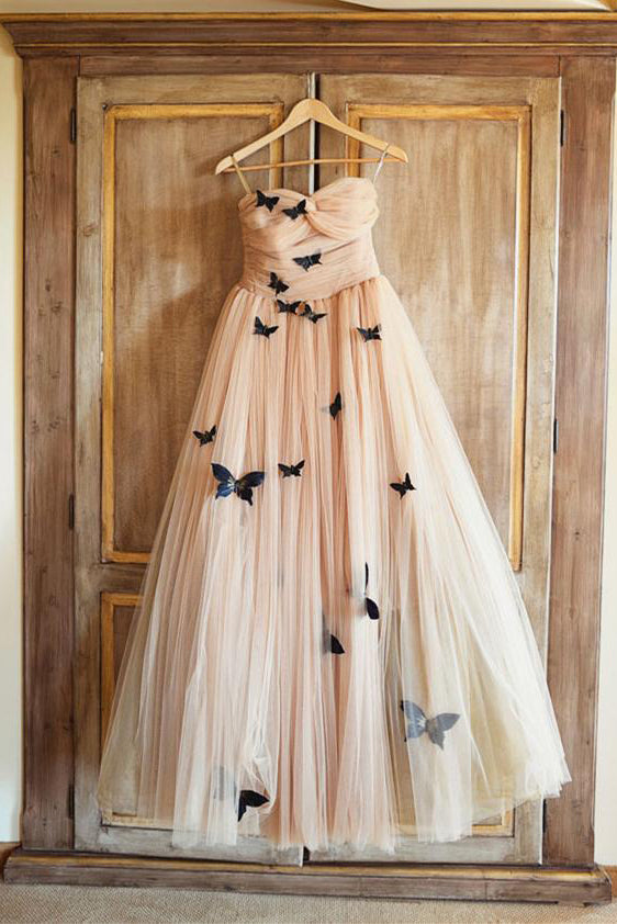 A-Line Strapless Sweetheart Lace up Prom Dress,Tulle Sleeveless Ruffles Wedding Dresses UK PH336