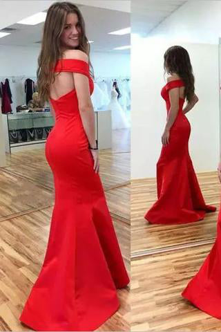 Elegant Mermaid Red Off Shoulder Satin Corset Open Back Prom Dress