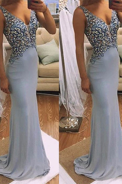 Mermaid Gray Blue V-Neck Sleeveless Beading Long Prom Dresses