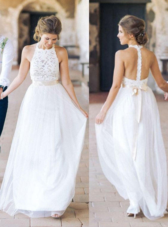 A Line Halter Lace Beach Wedding Dresses with Belt