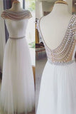 Elegant Open Back Cap Sleeves Beaded Prom Dresses