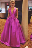A Line V-Neck Satin Hot Pink Long Prom Dresses with Ribbon