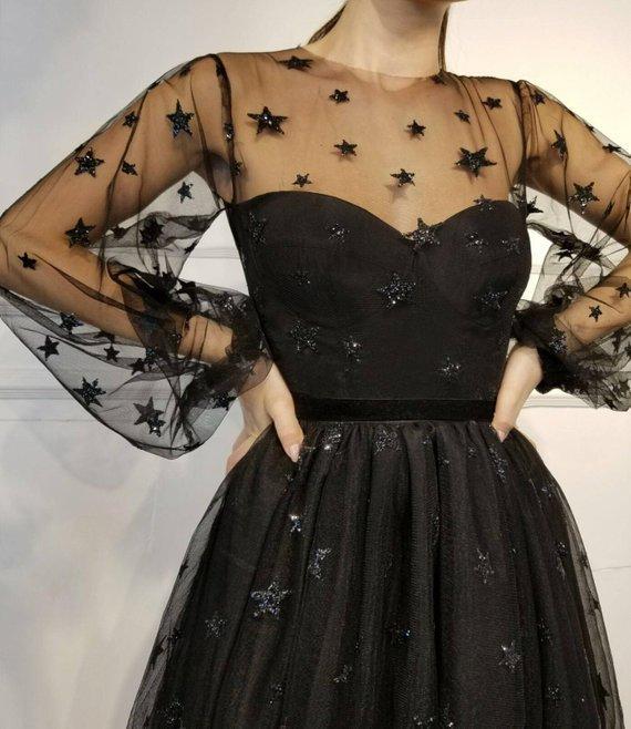 Cute Long Sleeve Tulle Above Knee Homecoming Dresses with Stars Short Dresses PW780