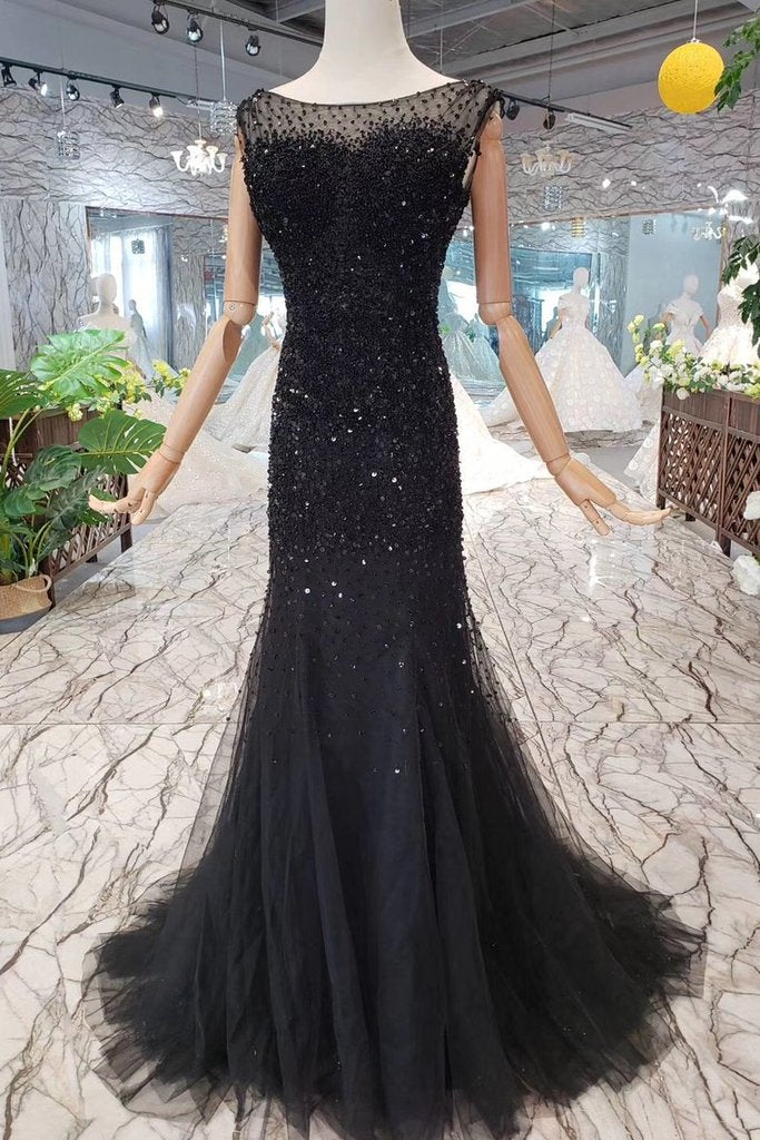 Mermaid Black Sequins Tulle Bodice Prom Dresses with Straps, Long Evening Formal Dress PW797