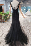 Mermaid Black Sequins Tulle Bodice Prom Dresses with Straps Long Evening Formal Dresses PW797