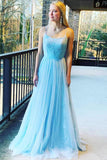 Gorgeous A Line Spaghetti Straps Light Blue Tulle Prom Dresses with Appliques PD02