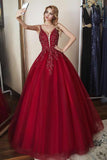 A Line Burgundy Spaghetti Straps V Neck Tulle Beads Appliques Prom Dresses PD04