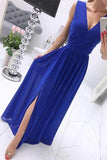 Simple Blue A Line V Neck Chiffon Prom Dresses with Slit, Long Dance Dresses PD05