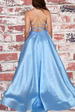 Unique A Line Blue Satin Spaghetti Straps V Neck Lace up Prom Dress with Pockets PD08