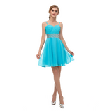 A Line Spaghetti Straps Beading Blue Chiffon Short Above Knee Homecoming Dress Prom Dress WH15671