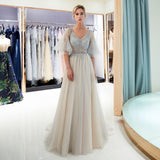 A Line V-Neck Half Sleeve Beading Split Tulle Court train Prom Dress WH54688