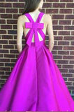 A Line V-Neck Satin Hot Pink Long Prom Dresses with Ribbon