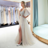 A Line V-Neck Half Sleeve Beading Split Tulle Court train Prom Dress WH54688