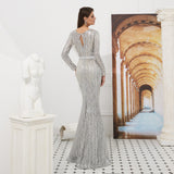 Gorgeous Mermaid Deep V-Neck Sequins Long Sleeve Grey Tulle Prom Dress WH99310