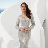 Gorgeous Mermaid Deep V-Neck Sequins Long Sleeve Grey Tulle Prom Dress WH99310