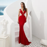 Sexy Mermaid V-Neck See-through Beads Sleeveless Satin Prom Dress WH66311