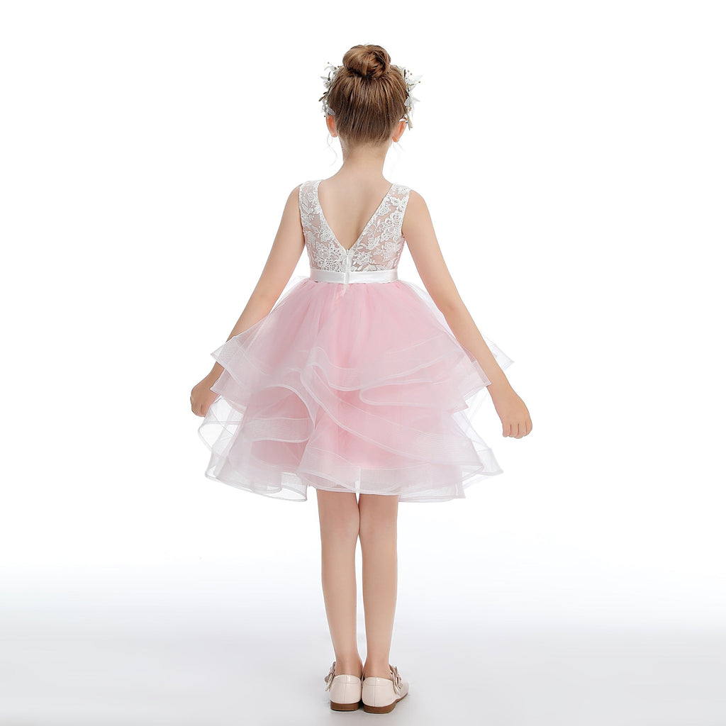 Pink Layered V Back Tulle Flower Girl Dresses